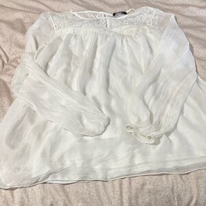 Alice Rinaldi White Lace-Yoke Long-Sleeve Silk Blouse